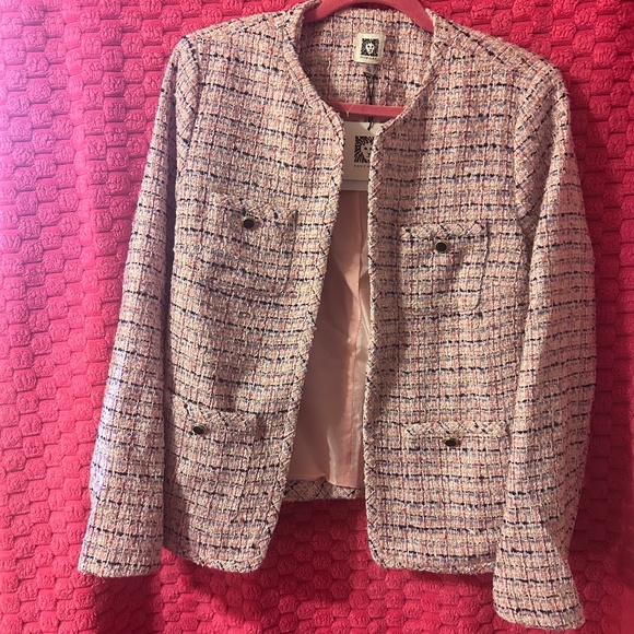 Anne Klein Pink Button Collarless Tweed Jacket with Patch Pockets - Picture 2 of 5